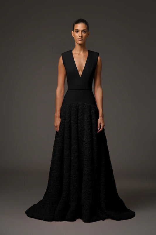 Black Crêpe Dress with Flower Detailing