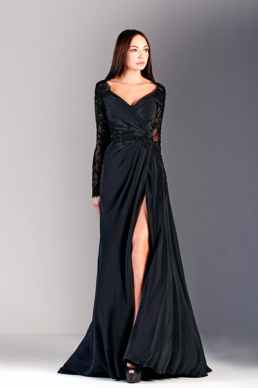 Long Sleeve Wide V-Neck Crepe Gown