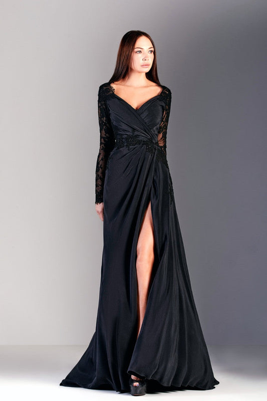 Long Sleeve Wide V-Neck Crepe Gown