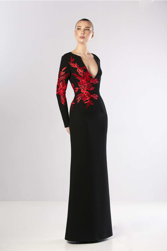 Long Sleeve Embroidered Crepe Gown