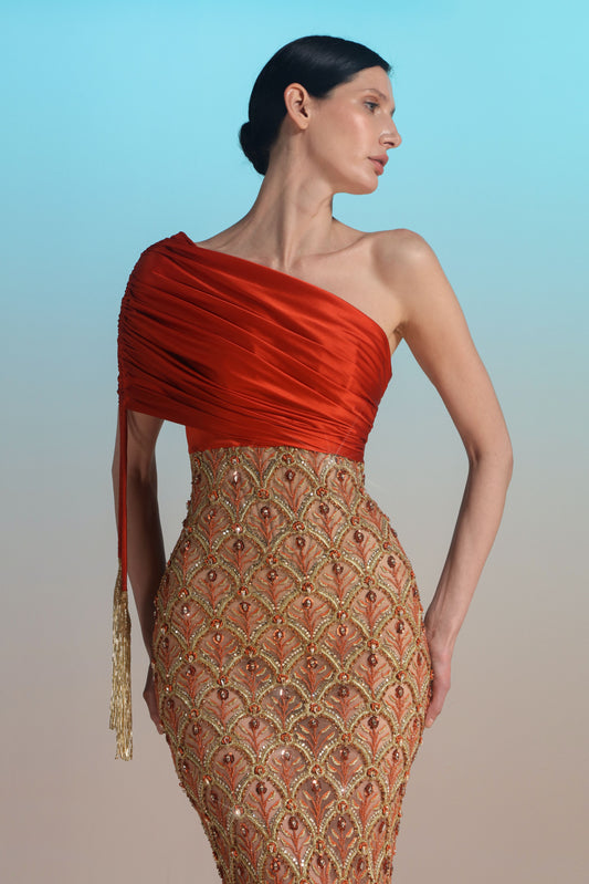 One-Shoulder Beaded Gown