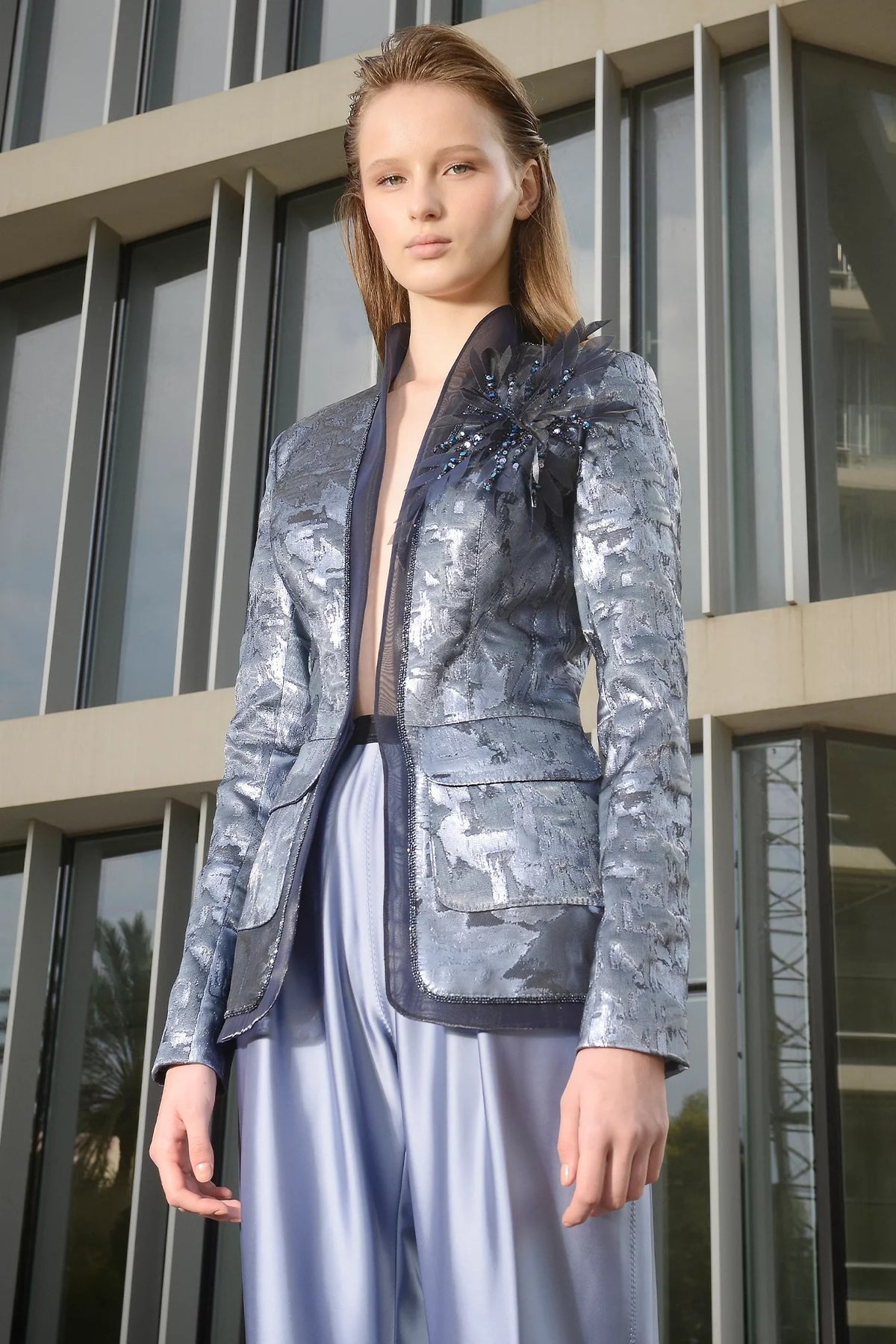 Jacquard Blazer and Satin Trousers Set