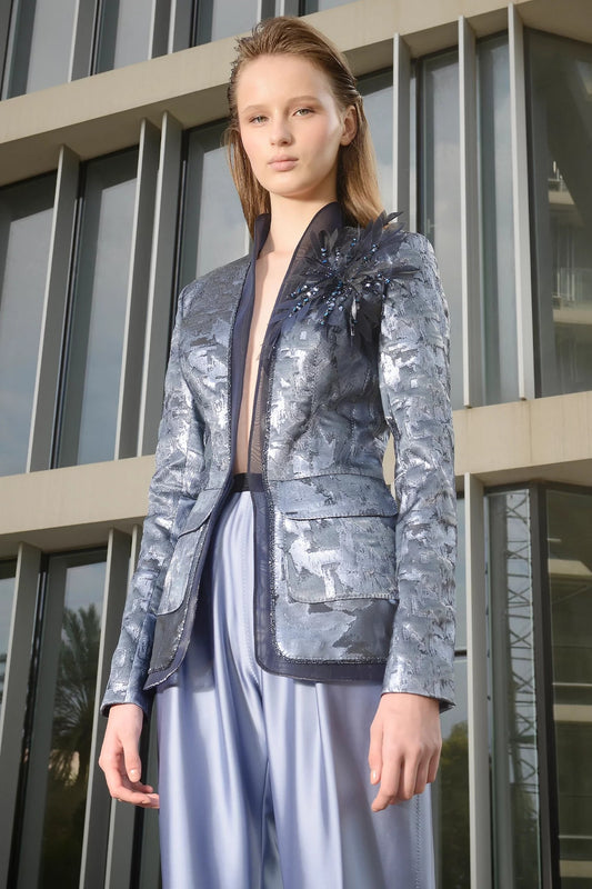 Jacquard Blazer and Satin Trousers Set
