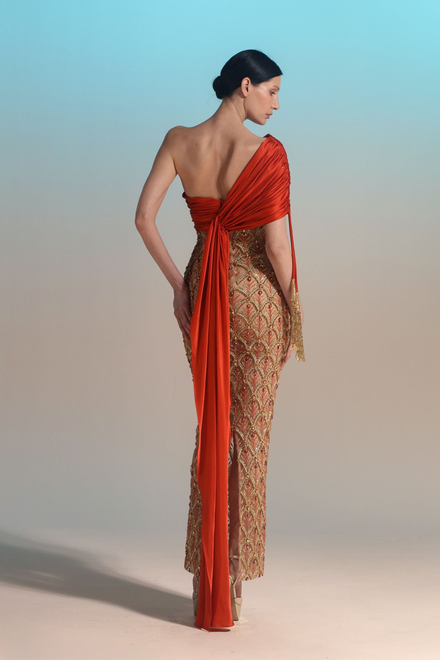 One-Shoulder Beaded Gown