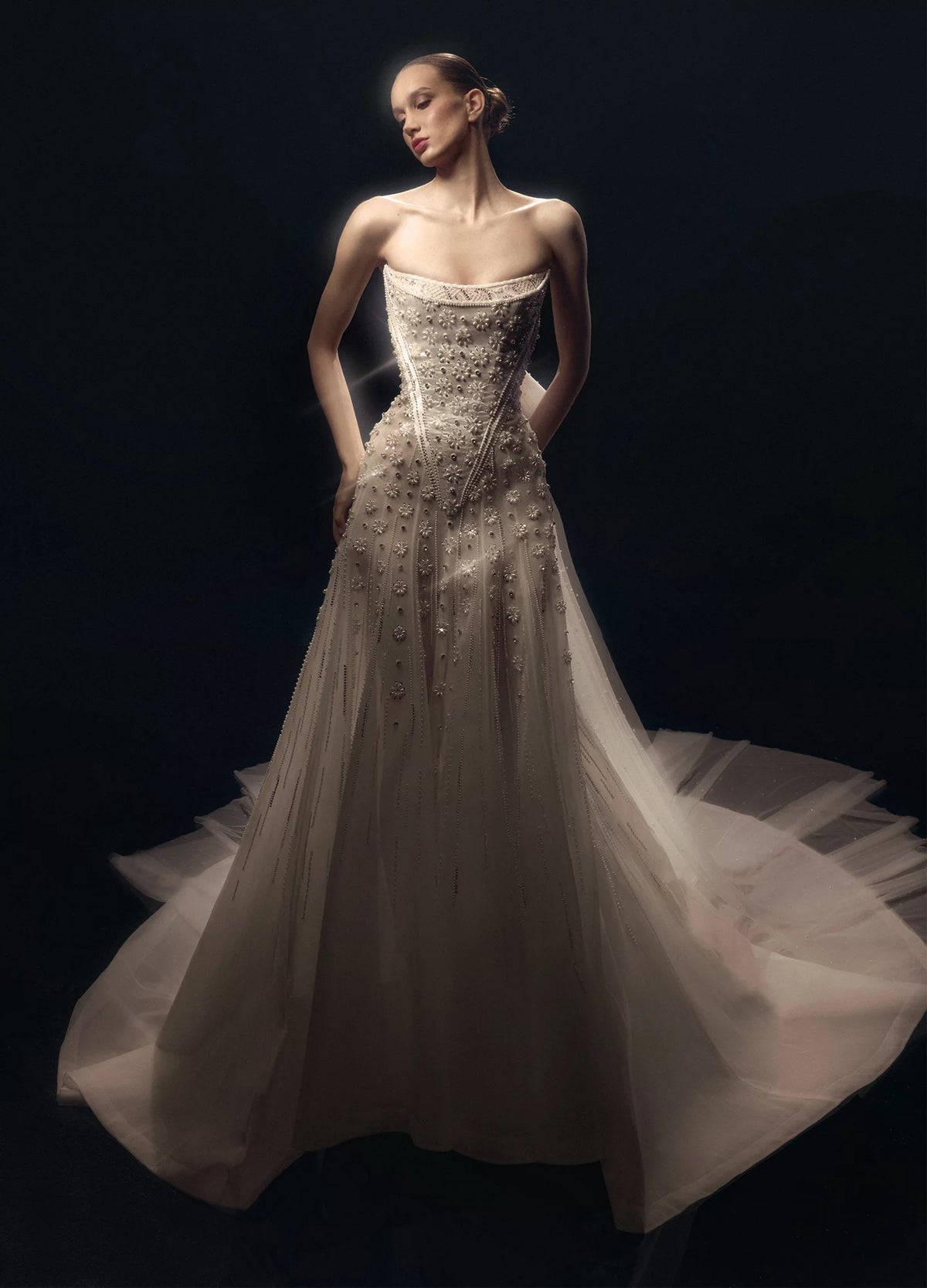 Strapless Floral Embroidered Gown