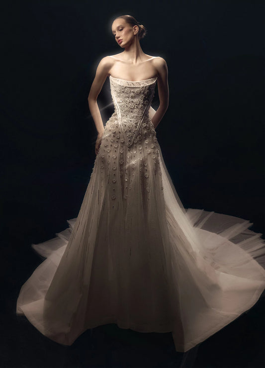 Strapless Floral Embroidered Gown