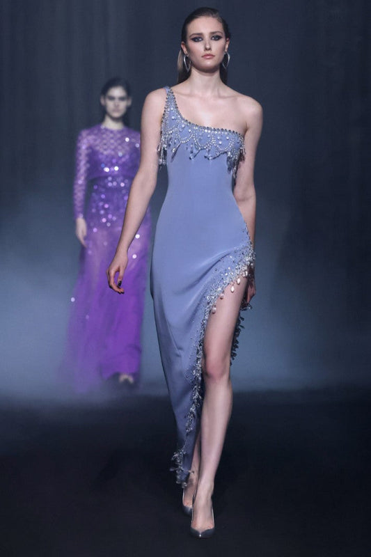 Beaded One Shoulder Crepe Dress