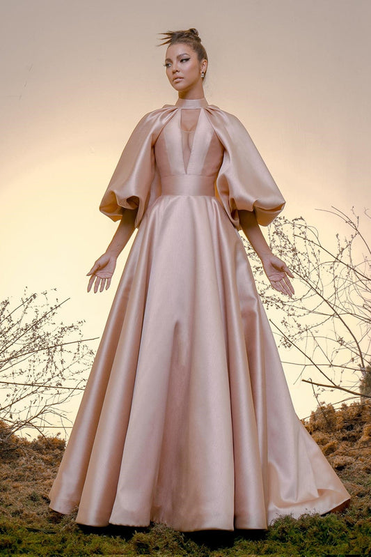 Puffed Sleeve A-Line Silk Gazar Gown