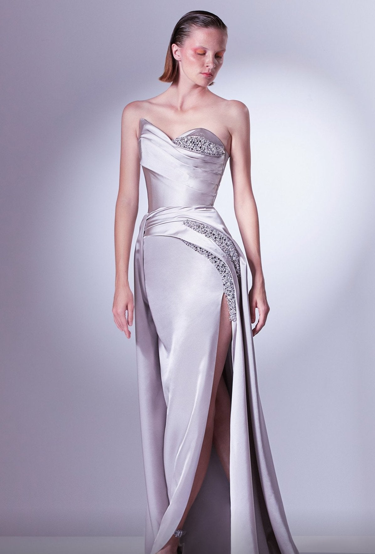 Strapless Embellished Slit Gown