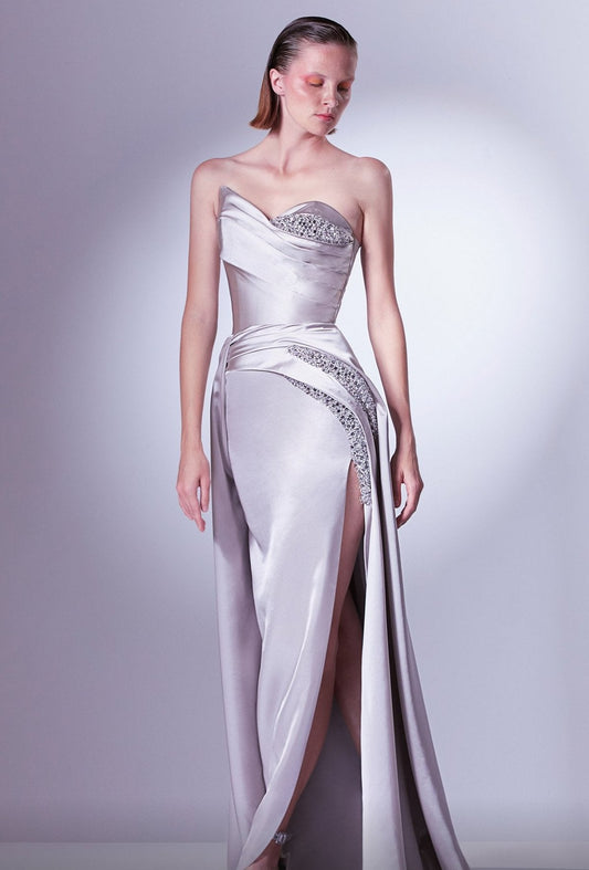 Strapless Embellished Slit Gown