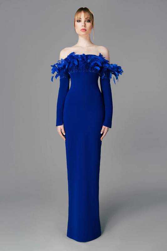 Crepe Gown with Feather Detail