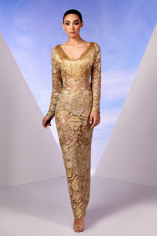 Long Sleeve Gold Lace Gown
