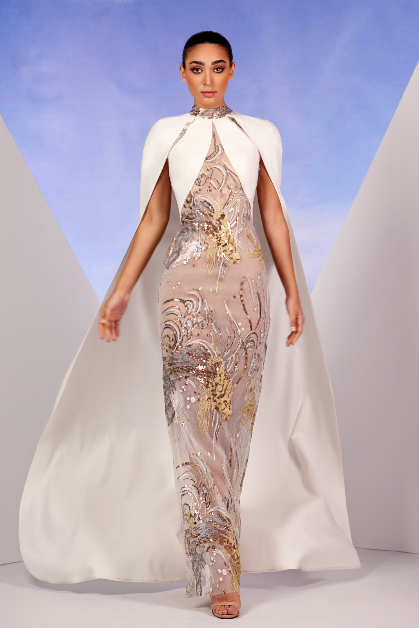 Cape Sleeve Sequin Tulle Gown