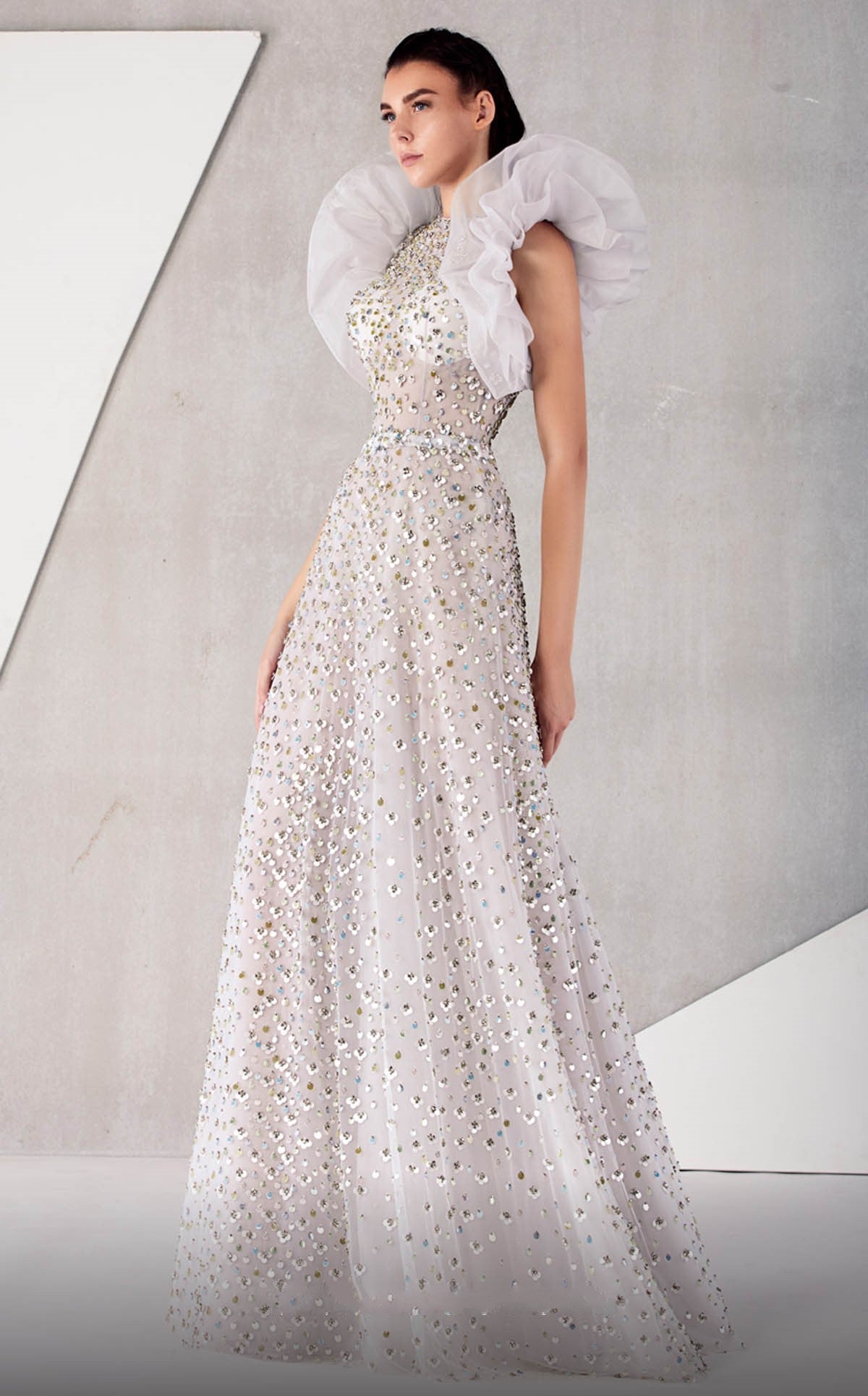 Sculpted Ruffled Sleeve Embellished Gown