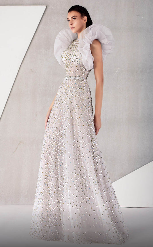 Sculpted Ruffled Sleeve Embellished Gown
