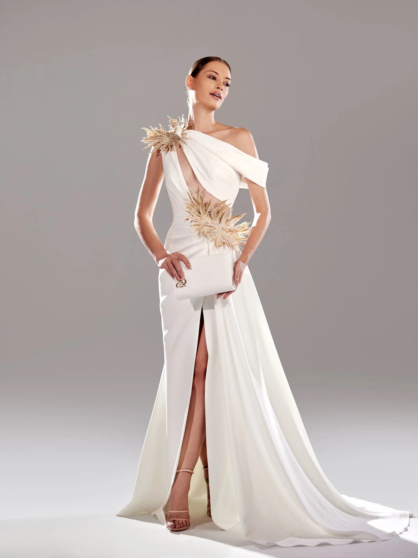 Embroidered One Shoulder Gown