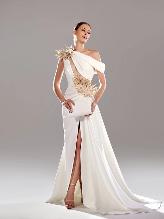 Embroidered One Shoulder Gown
