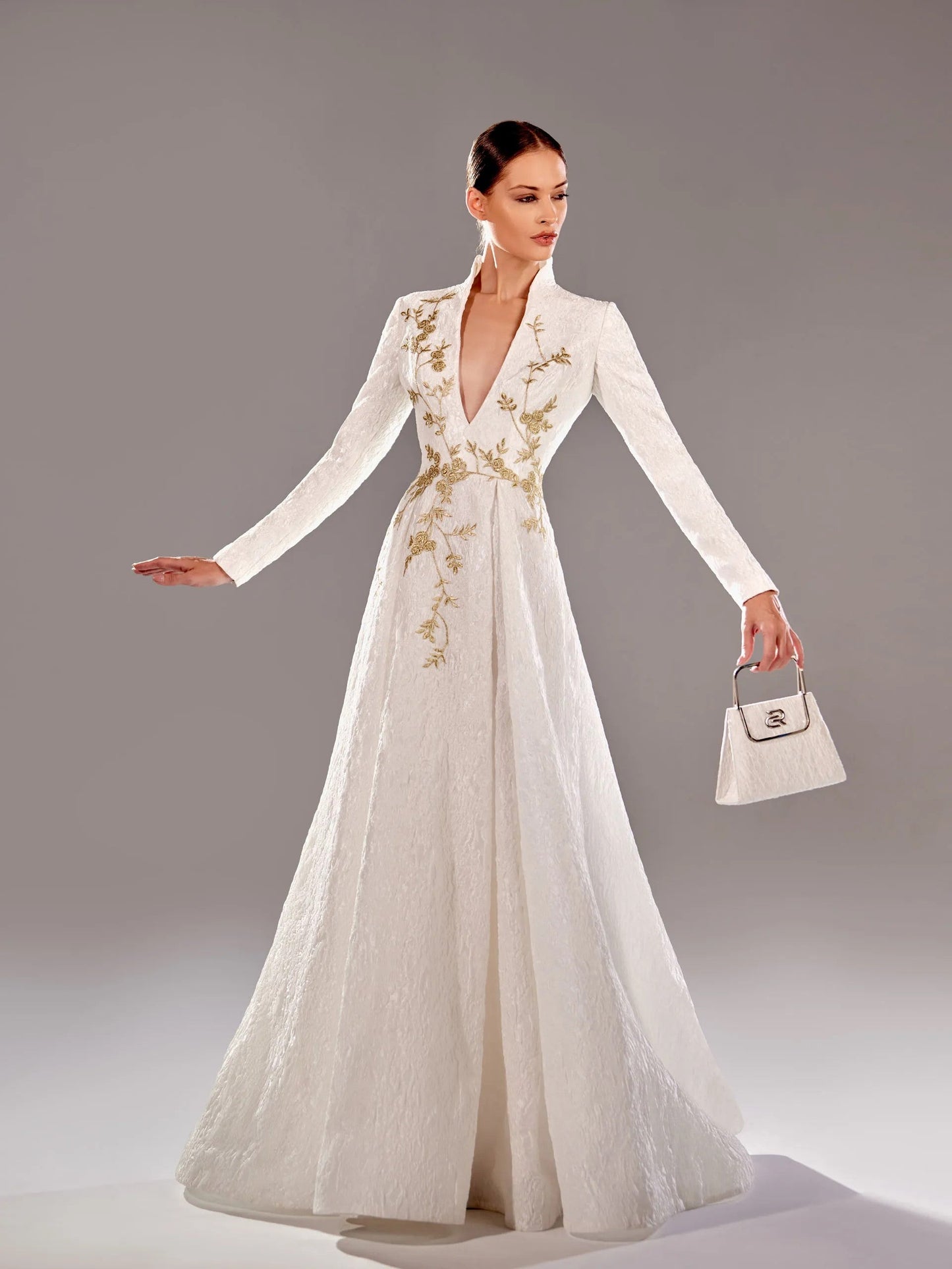 Embroidered V-Neck Gown