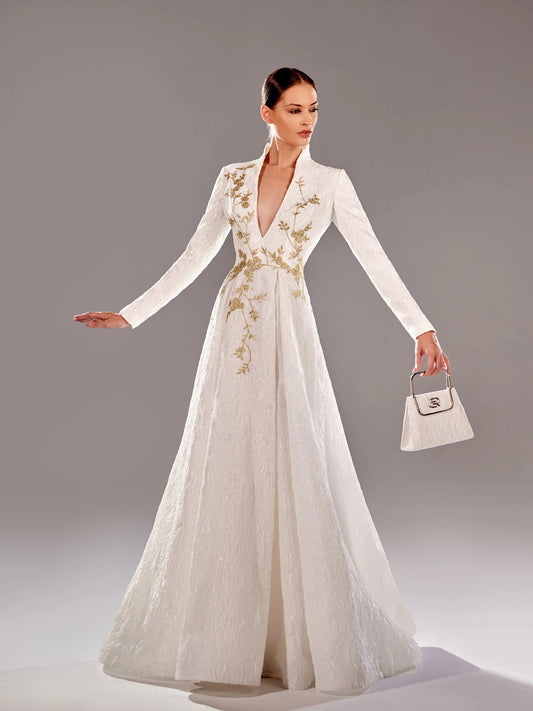 Embroidered V-Neck Gown