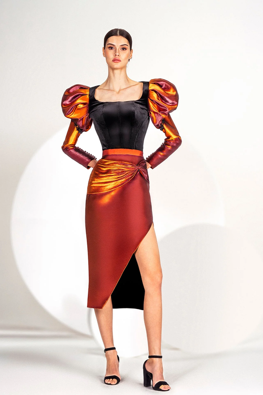 Long Juliet Sleeve Top with Asymmetrical Skirt