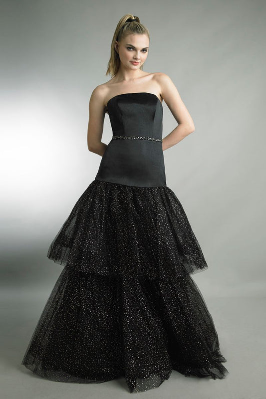 Strapless Tiered Embellished Gown