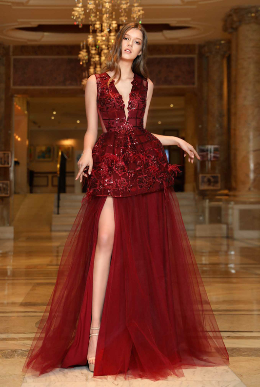 Sleeveless Embellished Peplum Evening Gown