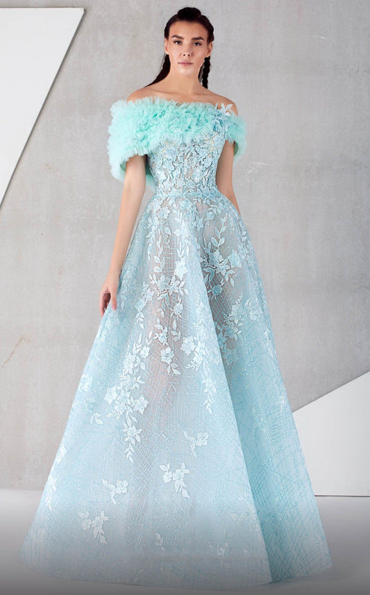 Off Shoulder Ruffled Sleeve A-Line Gown
