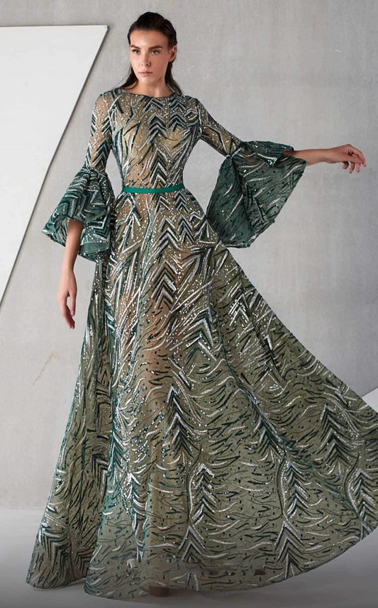 ¾ Bell Sleeve Embellished A-Line Gown