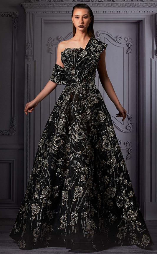 One Shoulder Floral A-Line Gown