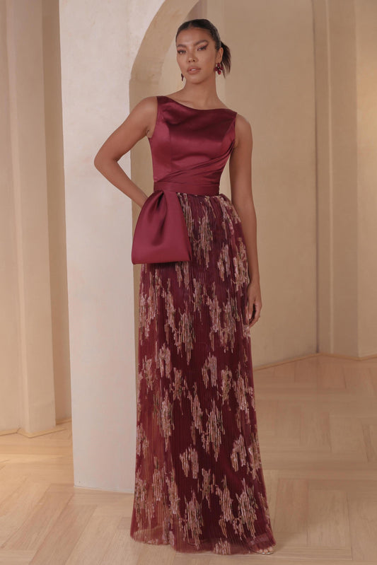 Boat Neck Pleated Floral Gown