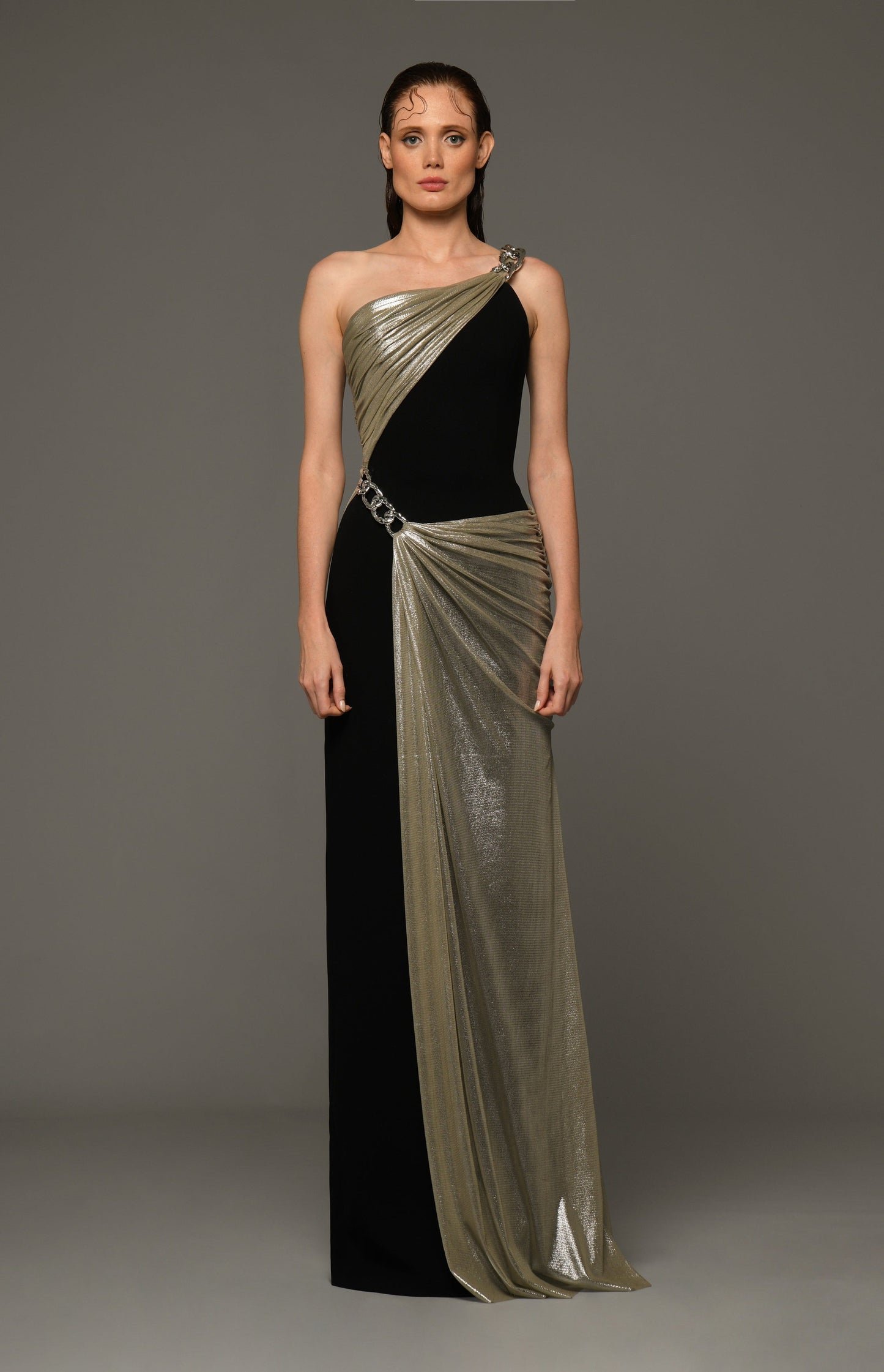 Crepe Gown with Tulle and Chains