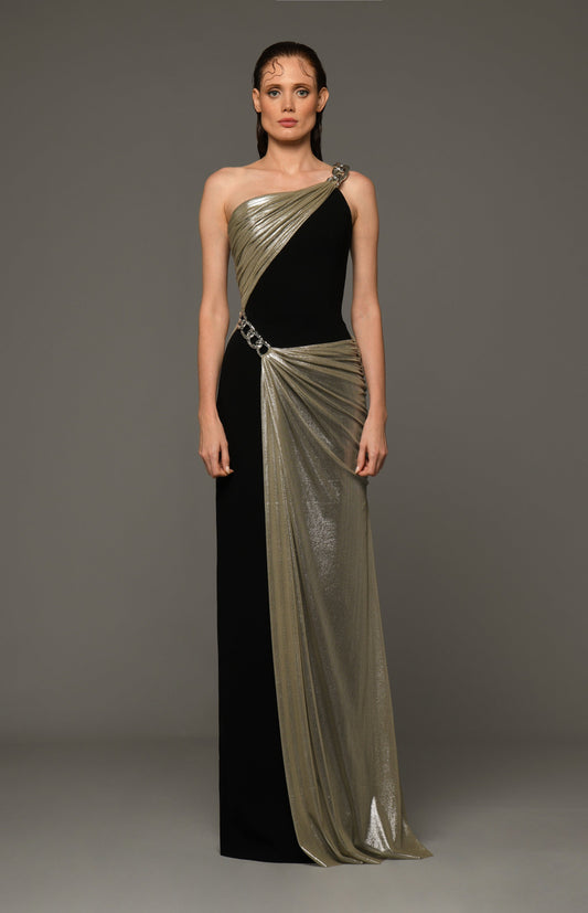 Crepe Gown with Tulle and Chains