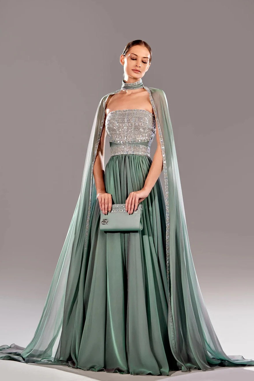 Draped Shoulder Beaded Gown