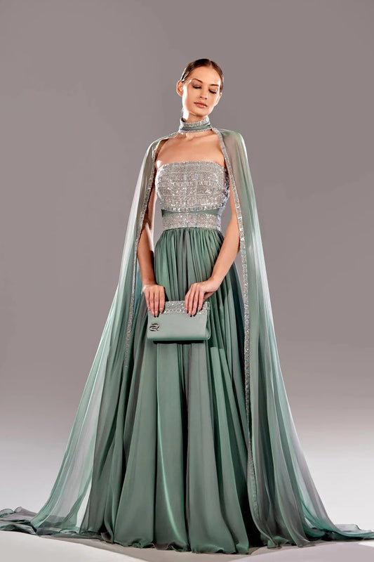 Draped Shoulder Beaded Gown