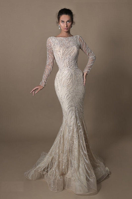 Palm Long Sleeve Embroidered Gown