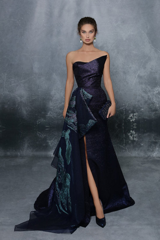 Strapless High Slit Jacquard Gown