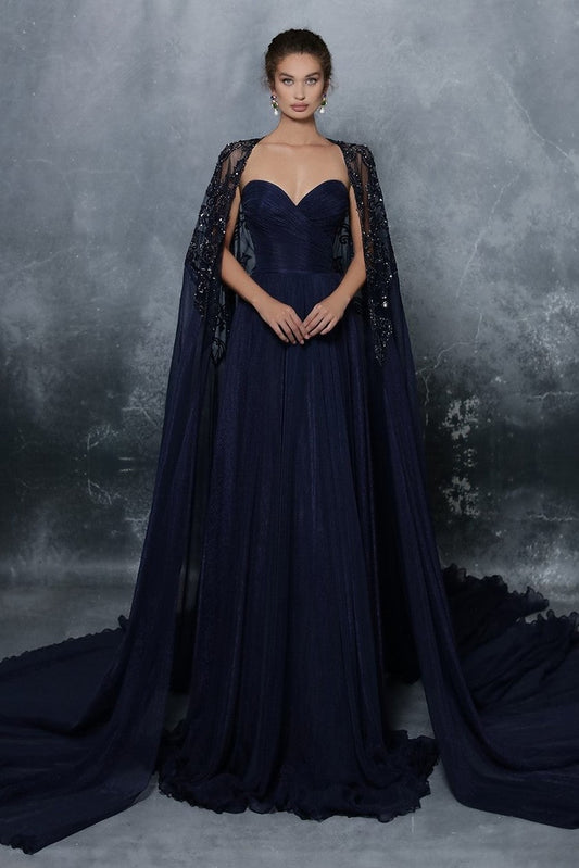 Strapless Chiffon Gown with Cape