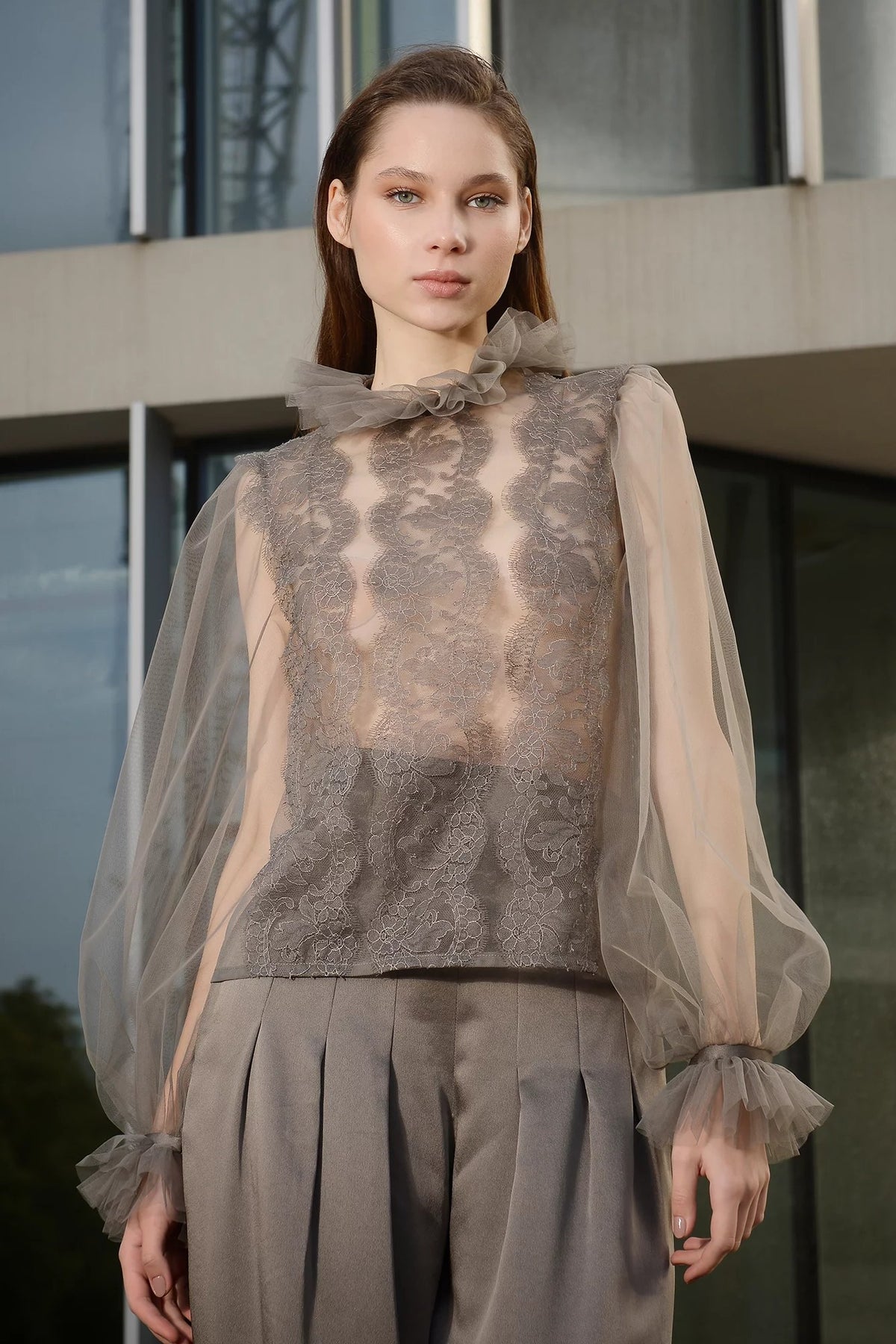 Sheer Blouse with Wool Trousers Set