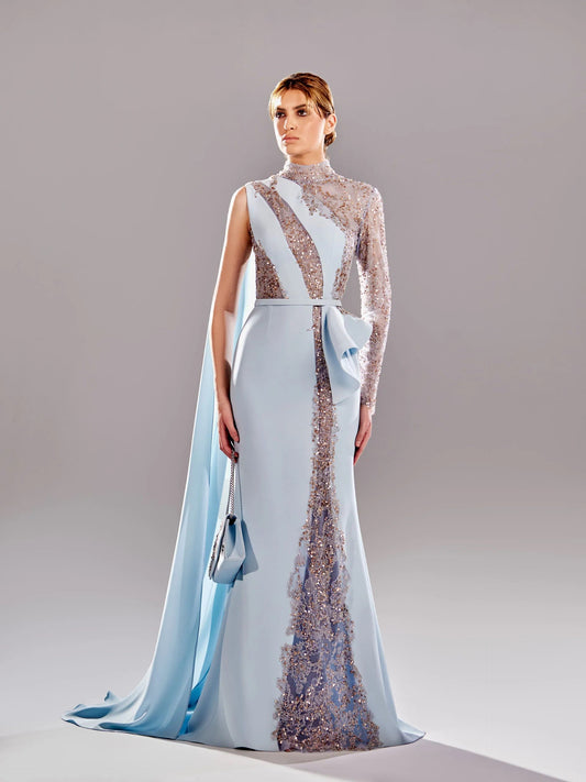 Draped Shoulder Embroidered Dress