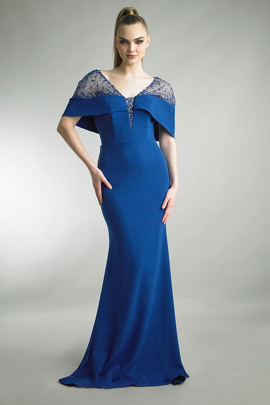Embellished Shoulder Cape Sleeves Gown