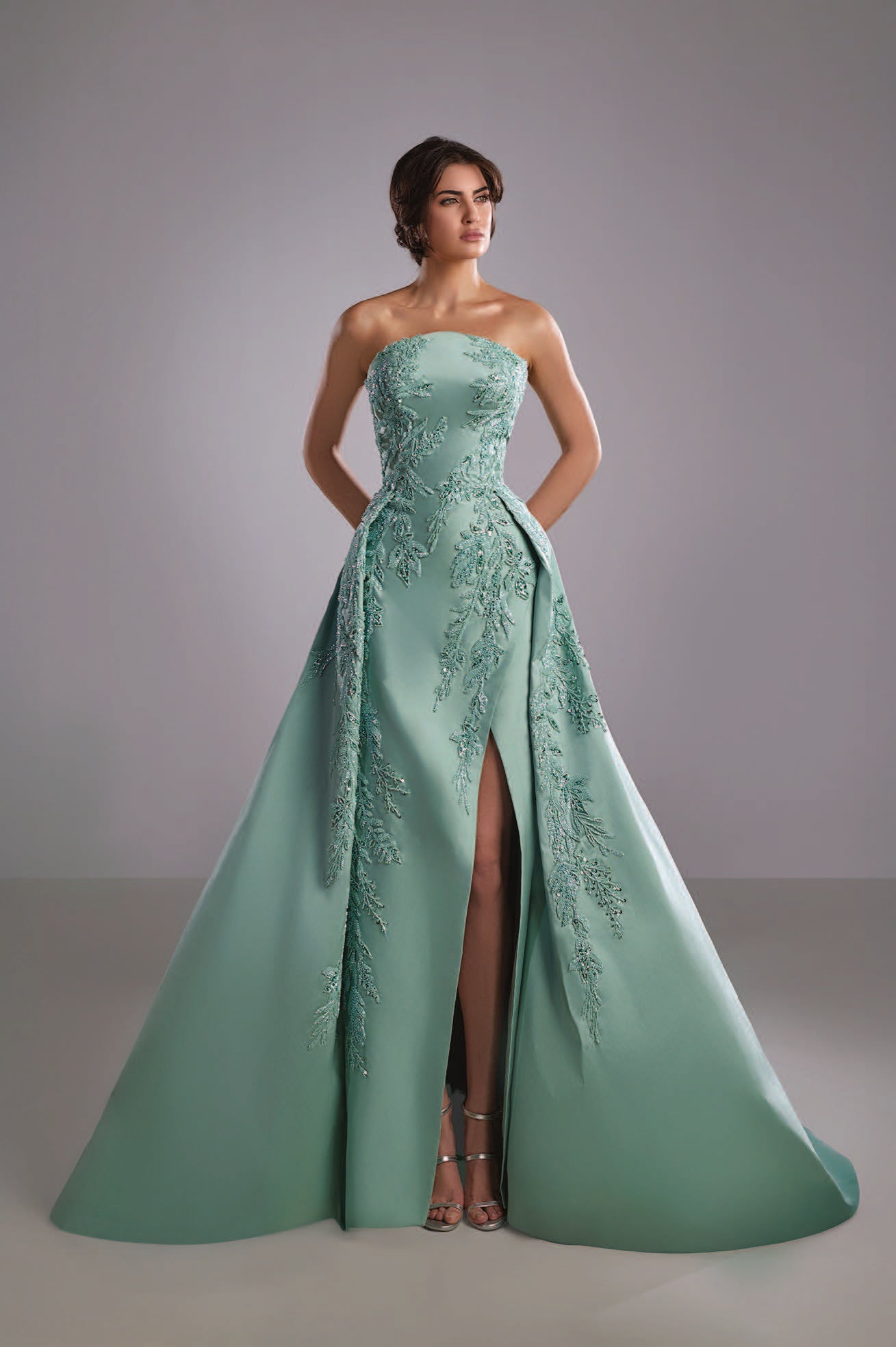 Lace Embroidered Dress with Mikado Extension