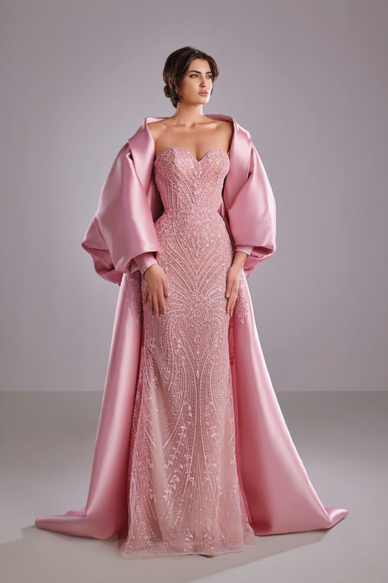 Embroidered Lace Dress with Mikado Cape