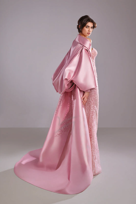Embroidered Lace Dress with Mikado Cape