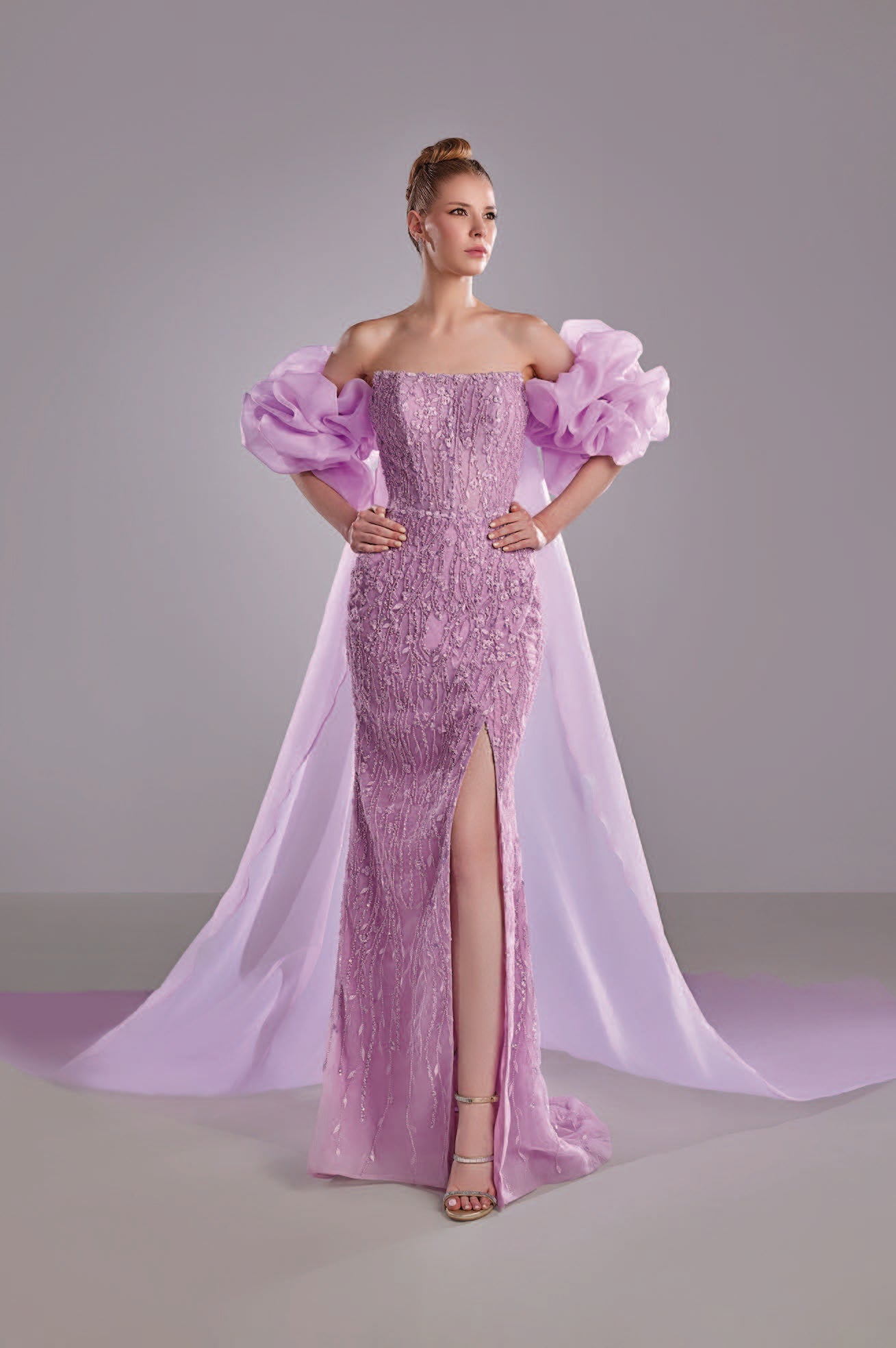Embroidered Dress with Organza Cape