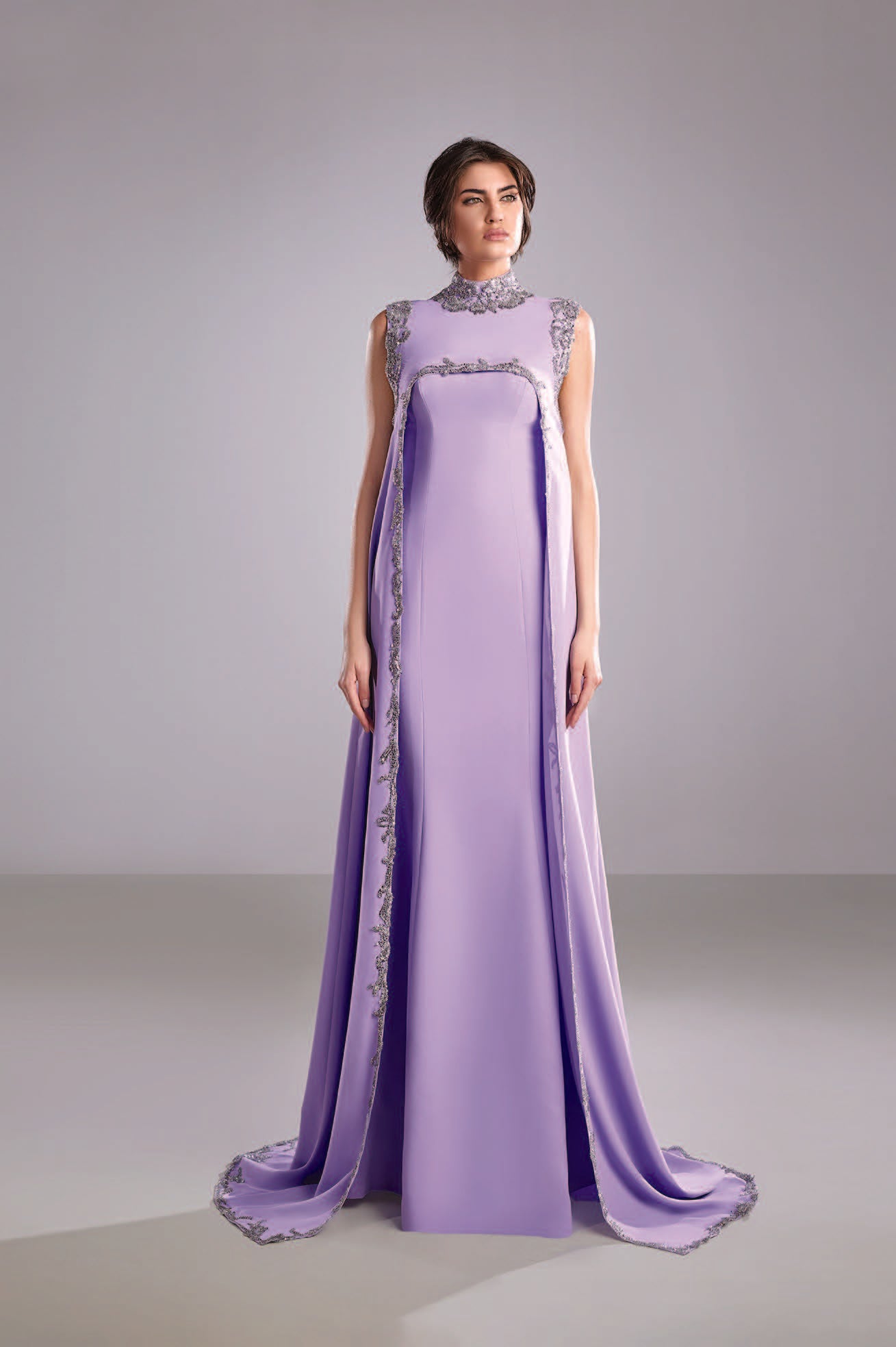 Crepe Dress with Embroidered Cape