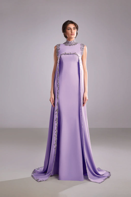 Crepe Dress with Embroidered Cape