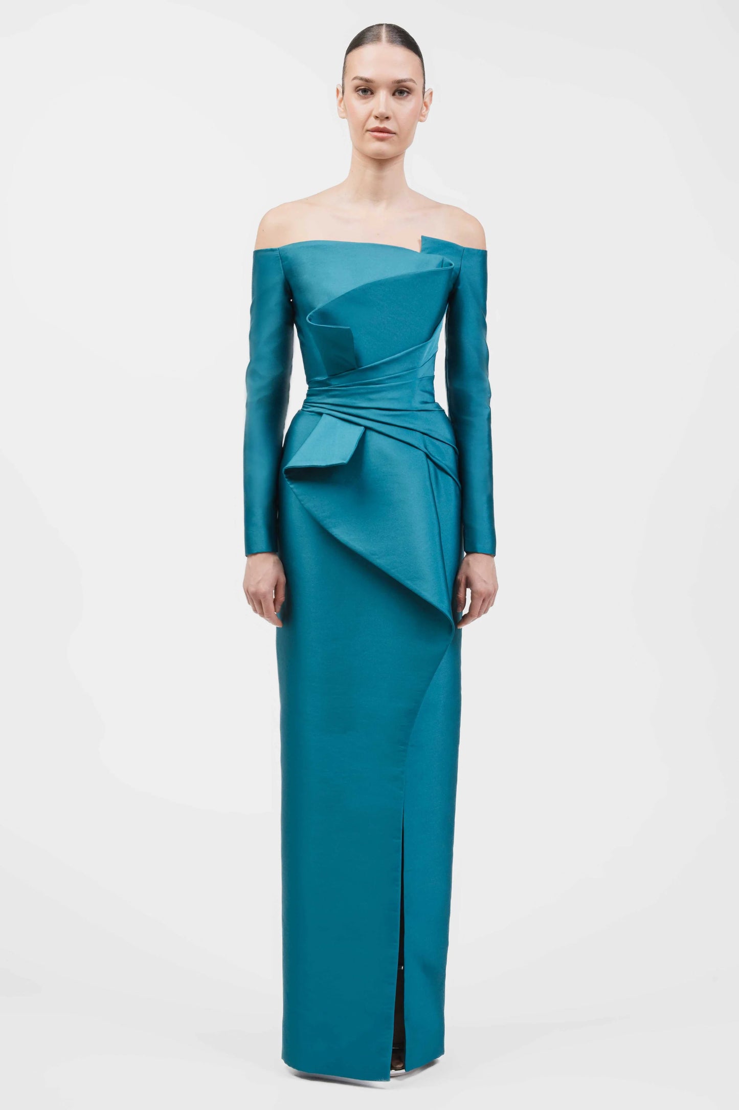 Off-Shoulder Structured Column Gown