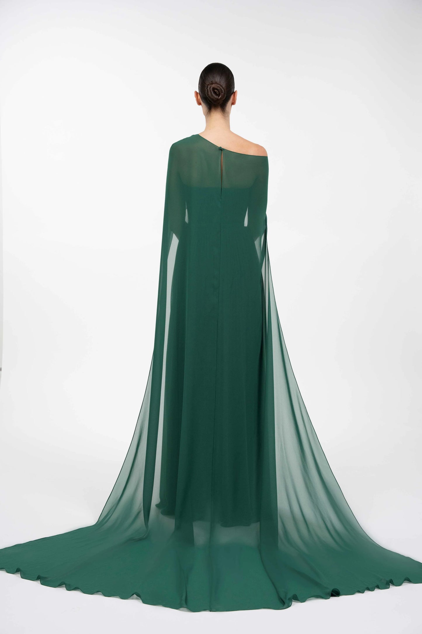 Asymmetrically Draped Muslin Gown With Cape Overlay