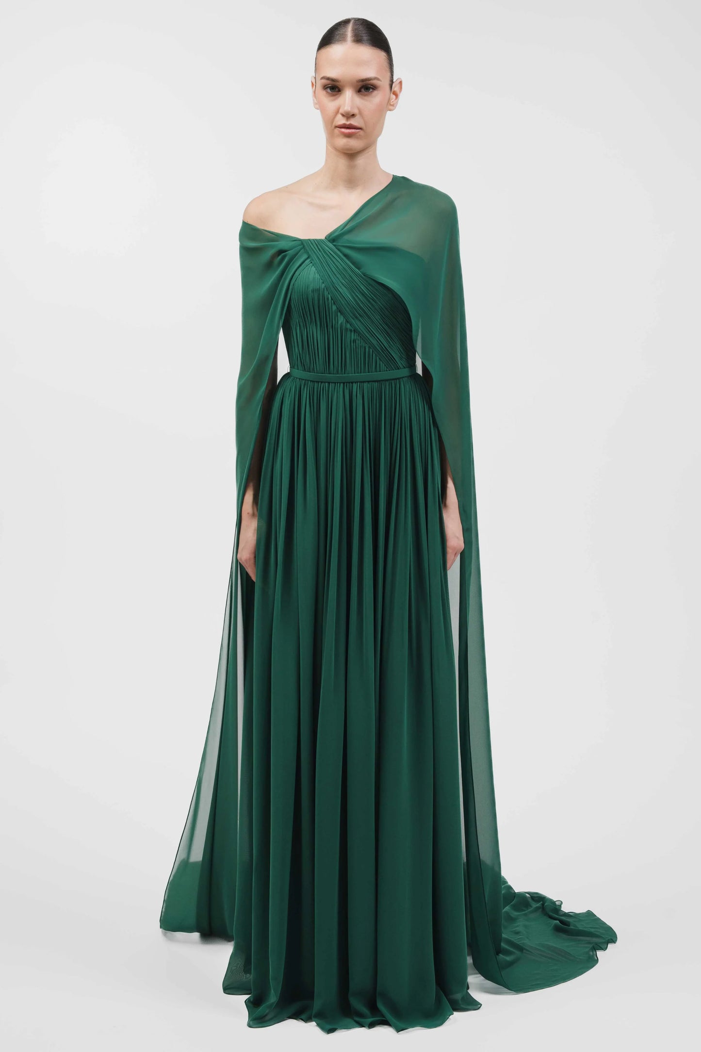 Asymmetrically Draped Muslin Gown With Cape Overlay