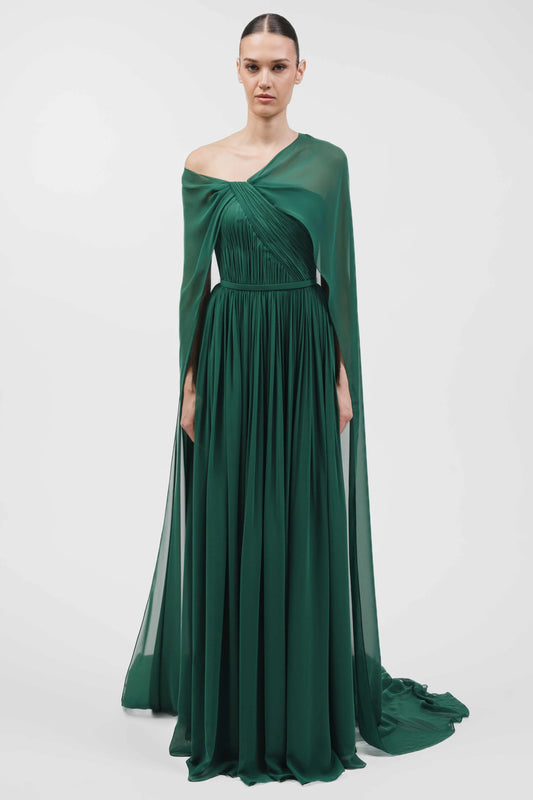 Asymmetrically Draped Muslin Gown With Cape Overlay
